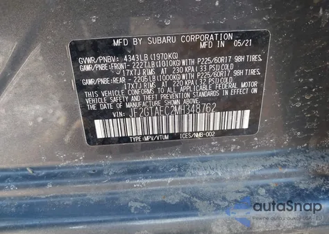 2021 Subaru Crosstrek Premium z USA, uszkodzony, nr VIN JF2GTAEC2MH348762